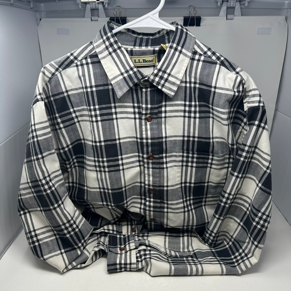 LL Bean Button Down Shirt Men XL Tall Black White Plaid Herringbone Style